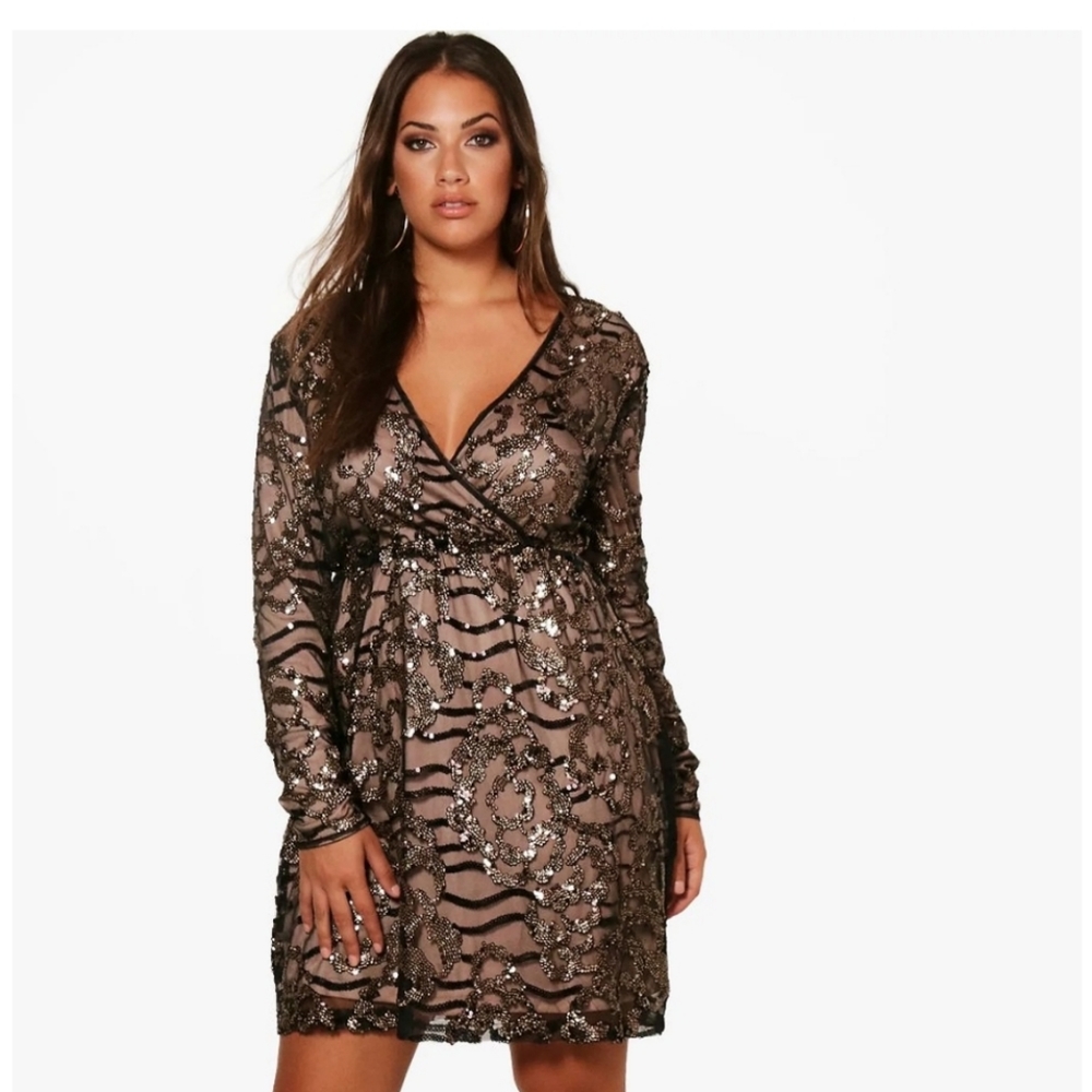 Boohoo Black and Gold Sequin Dress 16 NWT